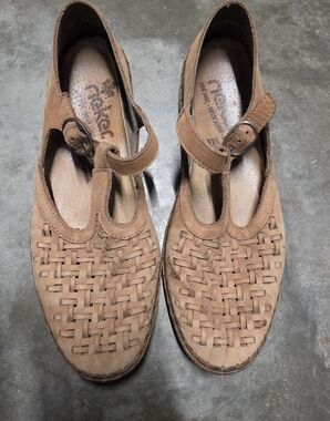 Rieker Tan Woven T‑Strap Flats with Buckle